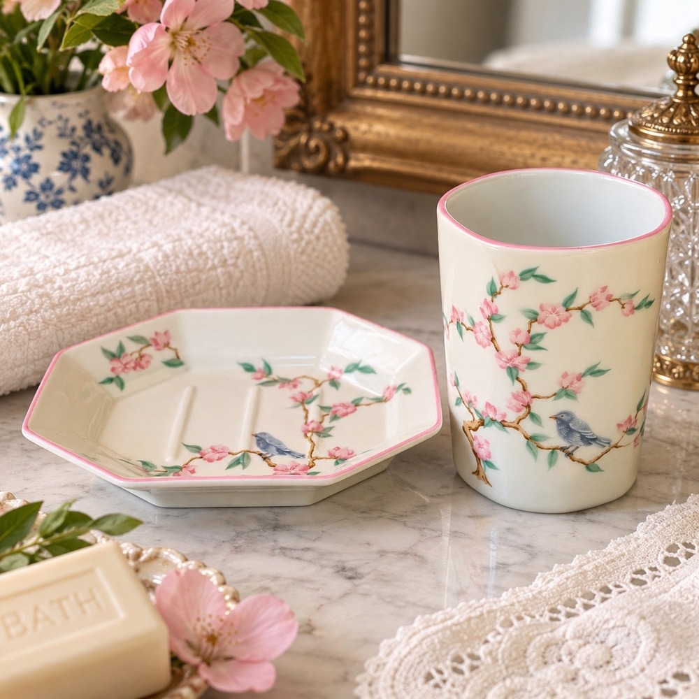 Vintage Ceramic Soap Dish and Tumbler Set Pink Cherry Blossom Bluebird Japan